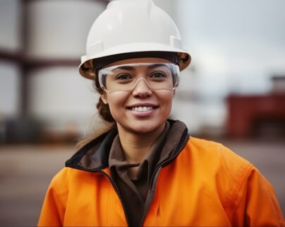Travailleuse du secteur électrique portant un casque et une veste orange souriant à la caméra