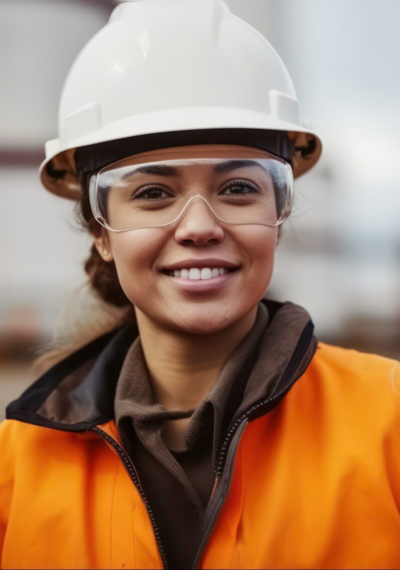 Travailleuse du secteur électrique portant un casque et une veste orange souriant à la caméra