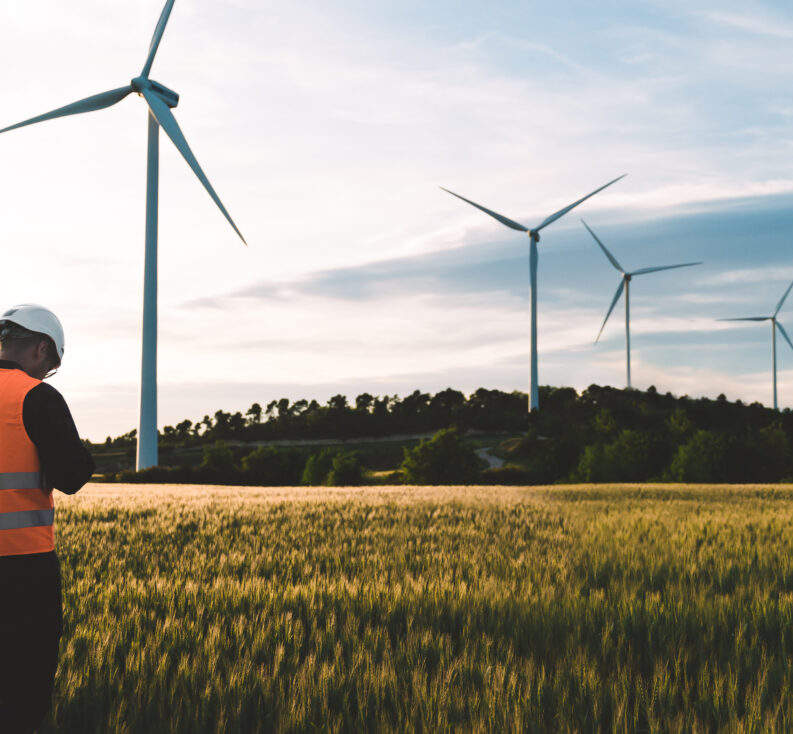 energy worker in a wind turbine field