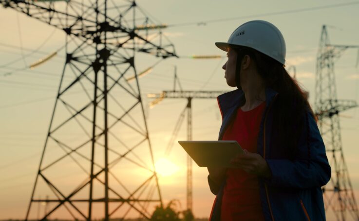 A woman power engineer in a safety helmet checks the power line using a digital tablet. Electricity company employee woman working outdoors, servicing high voltage electrical lines at sunset