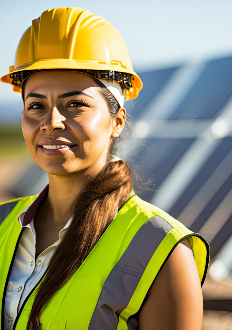 Electrical employee standing in front of solar panel farm