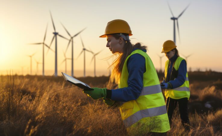 young female energy worker in a field of wind turbines