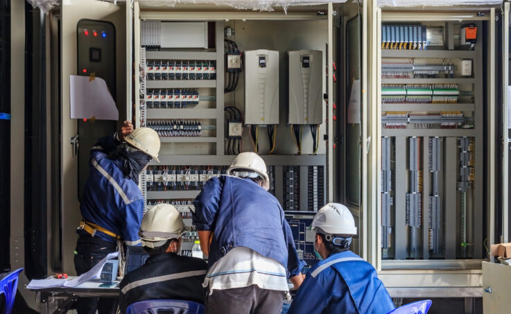 Electrical industry employees working together in front of a set of breakers