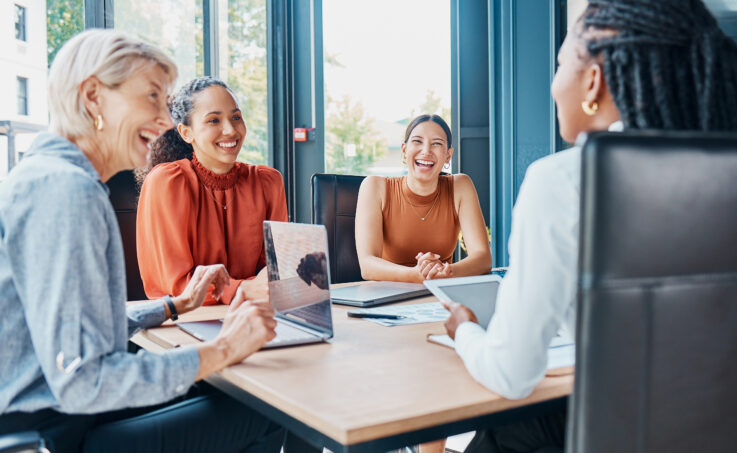 Laughing, planning business and women in a meeting